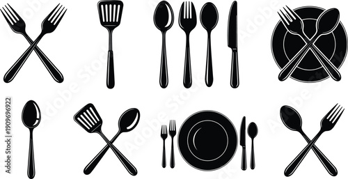 Set of black kitchen utensils and cutlery icons isolated on white background fork spoon knife plate vector illustration