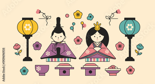 Japanese Hinamatsuri Emperor and Empress Dolls with Lanterns and Plum Blossoms for Traditional Girls Day Celebration