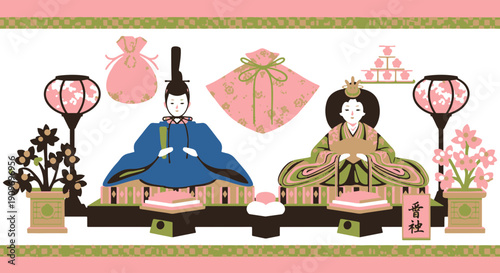 Traditional Japanese Hina Matsuri Display Featuring Emperor and Empress Dolls with Peach Blossoms and Lanterns on a Festive Platform