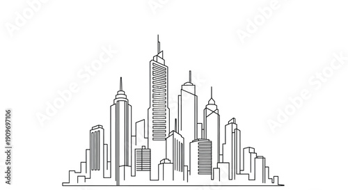 A detailed line drawing of a modern city skyline silhouette