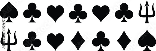 Set of black playing card suits icons including spade heart club diamond and trident isolated vector illustration