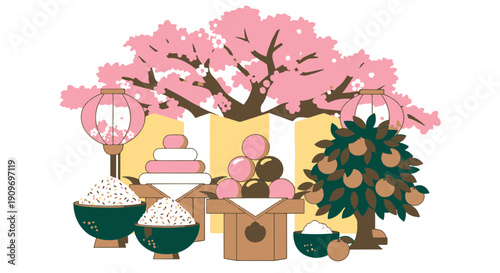 Traditional Japanese Hinamatsuri Display with Blooming Cherry Blossoms Festive Lanterns and Prosperity Offerings