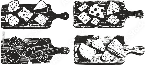 assorted cheese pieces on wooden cutting boards with various shapes and textures for gourmet tasting