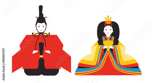 Traditional Japanese Hinamatsuri Dolls Male Emperor and Female Empress in Elaborate Ceremonial Kimonos Representing the Cultural Festival Celebration
