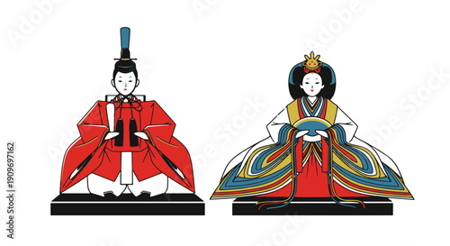 Stylized Japanese Hina Dolls Emperor and Empress Figures for Hinamatsuri Festival Ancient Cultural Tradition