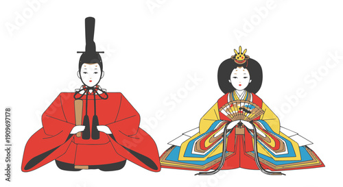 Traditional Japanese Hina Dolls Representing an Ancient Imperial Court Display Featuring Male and Female Figures in Ceremonial Robes