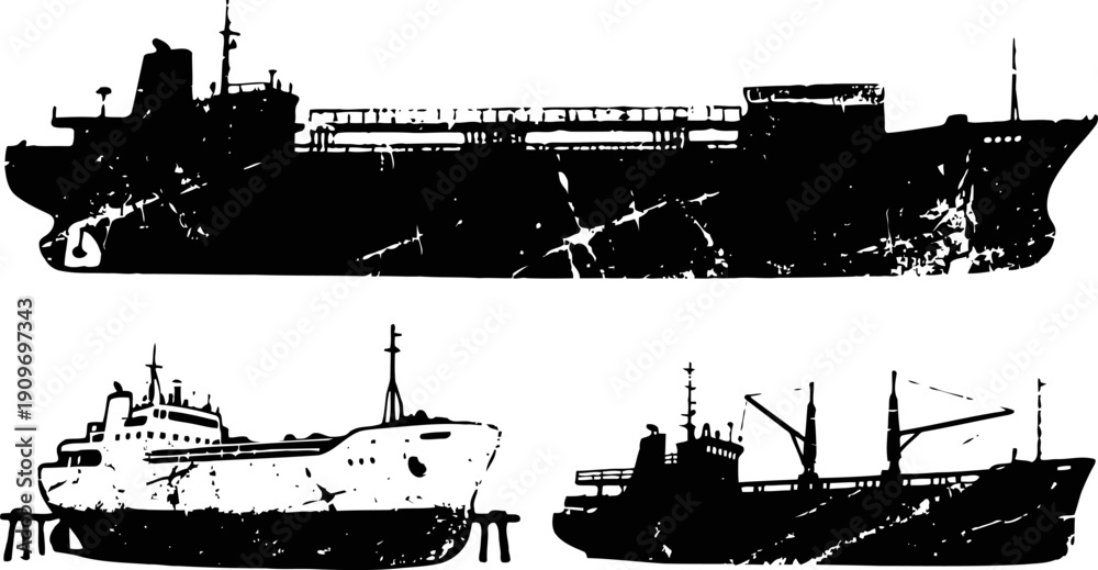 Obraz premium silhouette illustrations of three cargo ships and tankers in various side views