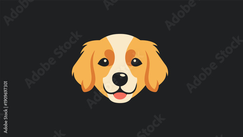 Friendly and cute dog face illustration with a happy expression is shown against a simple and clean dark background.