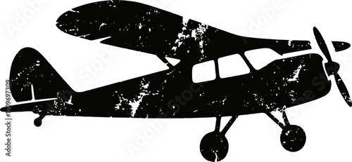 Vintage small airplane silhouette with propeller in flight, classic aviation illustration