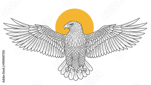 Detailed eagle sketch with its large wings fully spread out in front of a bright orange sun circular backdrop.