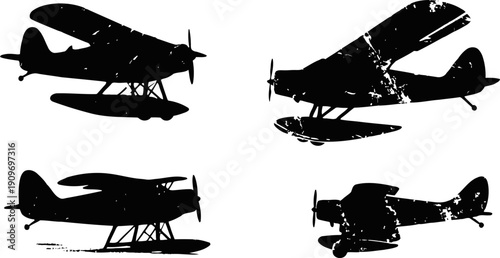 Vintage seaplane silhouettes in side and angled views, retro floatplane illustrations set