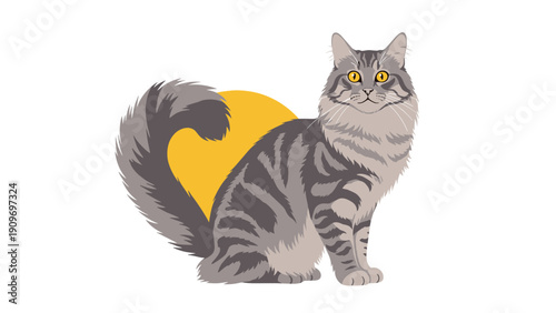 Long-haired grey tabby cat sitting gracefully in front of a bright yellow circular background on a white surface.