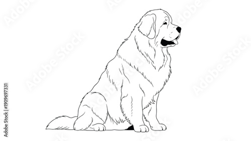 Simple black and white line art illustration of a large fluffy dog breed sitting comfortably on a white background.