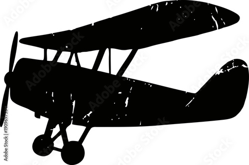 vintage biplane silhouette with propeller and double wings isolated on white background