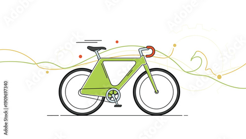 Modern green bicycle illustration with stylized wavy lines and mechanical gear patterns in the background of the image.