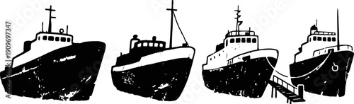Four black and white fishing boats lined up in silhouette with varying bow angles and railings