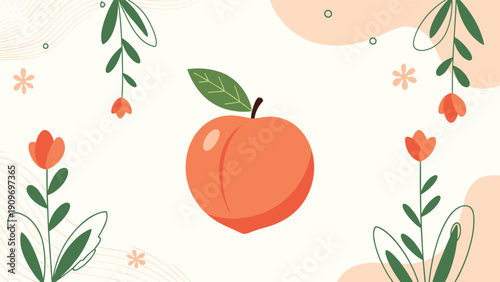 Ripe peach centered among stylized orange flowers and green leaves on a soft pastel background with wavy patterns.