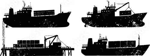 silhouettes of cargo ships loading and unloading containers at the dock and at sea