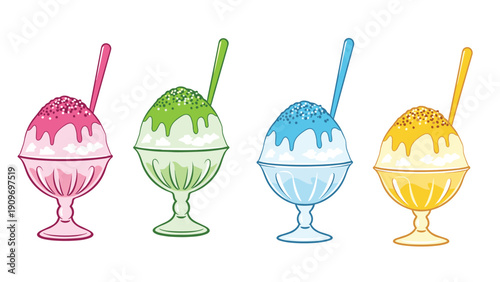 Four bowls of colorful shaved ice treats in pink, green, blue, and yellow with spoons and various syrup toppings.