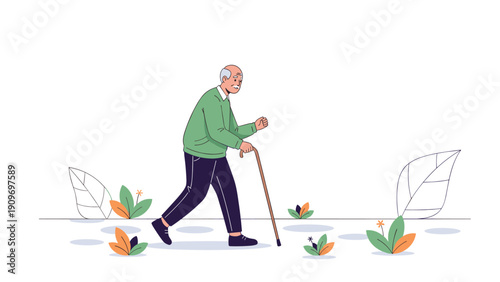 Cartoon illustration of an elderly man with a walking stick strolling through a park or garden with stylized plants and leaves.
