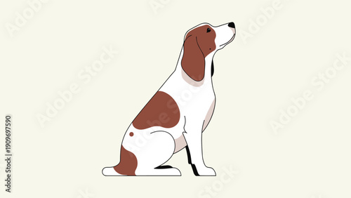 Side view illustration of a brown and white spotted dog sitting upright and looking upwards on a light cream colored background.