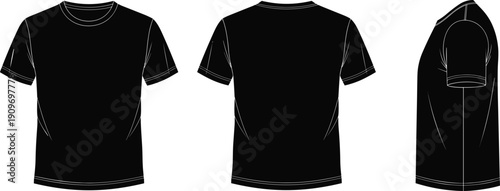 Black short sleeve t-shirt front view, back view, side view, apparel fashion design, clothing template, blank shirt mockup, ecommerce