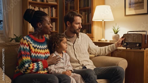 Family of three sitting on couch with old radio nearby