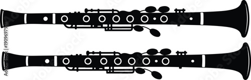 A black and white silhouette illustration of a clarinet on a white background