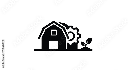Barn with gears and sprout representing agricultural technology silhouette