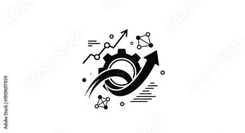 Business growth concept with gears charts and a sweeping arrow silhouette
