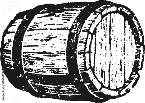 Rustic wooden barrel with metal hoops vintage illustration in black and white