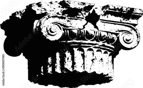 Classical ionic column capital with volutes and fluting details in black and white