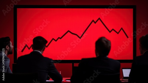 Wallpaper Mural Four business professionals analyze a fluctuating line graph displayed on a large red screen in a meeting room. Torontodigital.ca