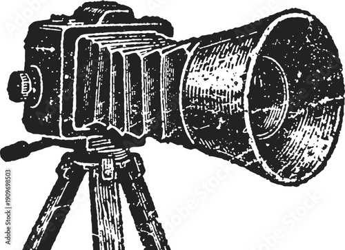 Vintage camera with bellows and large flash mounted on tripod, antique equipment illustration