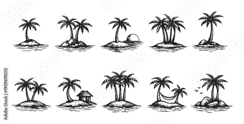 Set of ten different tropical island illustrations. Hand drawn with palm trees, ocean, water and sand. Ideal for designs with a vacation or summer theme.