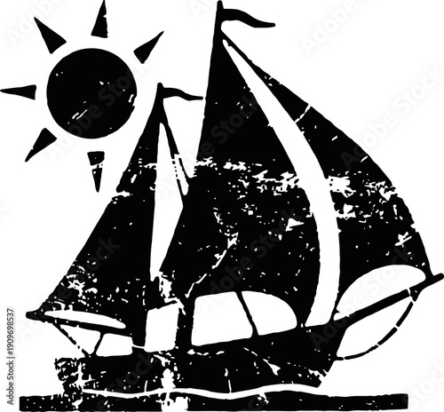 Black silhouette of vintage sailboat with sun above, grunge nautical illustration