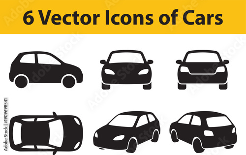 Set of 6 car vector icons in different views for transport and logistics design
