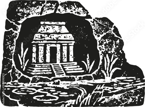 Ancient stone temple carved in cave with surrounding vegetation and water pond landscape