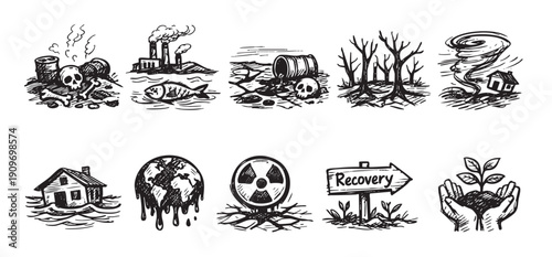 A set of hand-drawn icons illustrating environmental issues like pollution, natural disasters, and the concept of recovery. Vector design for illustrating climate change awareness.