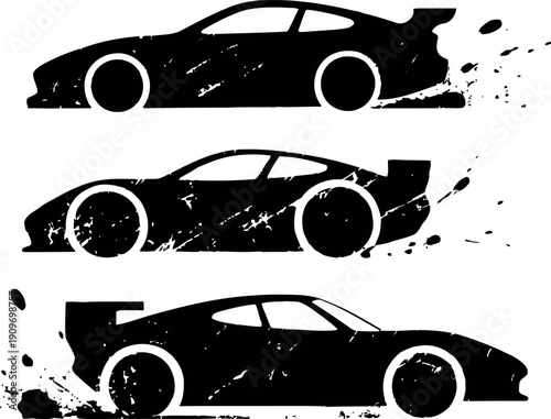 Three grunge racing cars silhouettes with splatter effect in dynamic motion and speed