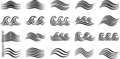 Abstract wave line elements set with flowing ocean water curves isolated on white vector illustration for decorative design use
