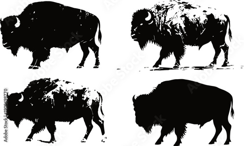 Silhouettes of american bison in various poses with textured and solid black designs