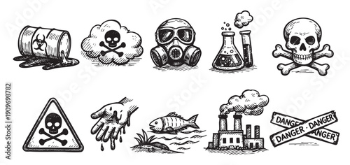 A set of hand-drawn style vector icons illustrating various environmental dangers and toxic hazards. Ideal for illustrating pollution, risk, warnings, and environmental protection.