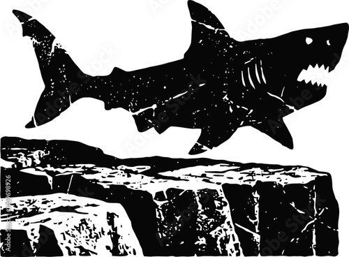 shark silhouette jumping over rocky cliffs, bold black and white nature design