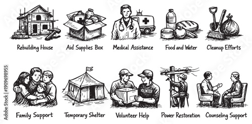 A black and white sketch illustration depicting various forms of disaster relief and community support. Includes rebuilding, medical aid, family support, shelter, and cleanup efforts.
