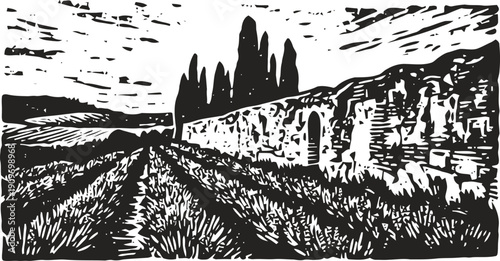Black and white rural landscape with road, trees, fields, and stone wall in stylized rustic woodcut design