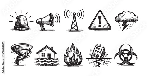 A set of hand-drawn icons representing various natural disasters, warnings, and emergency situations. Ideal for emergency services, disaster preparedness, and safety education materials.
