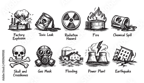 Hand-drawn monochrome icons depicting nuclear disaster. Includes power plant, radiation symbol, skull, barrel, gas mask and more. Use for apocalyptic themes, environmental warnings, and science.