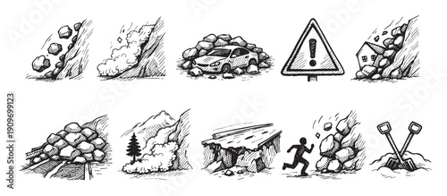Black and white sketch illustrations depicting the dangers of landslides, featuring car, house, people, rocks, and an exclamation sign.