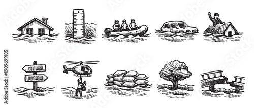 Line drawing set of flood related icons. Natural disaster illustration showing flooding of house, car, boat rescue, sandbags, destruction. Use for crisis, emergency, climate change topics.
